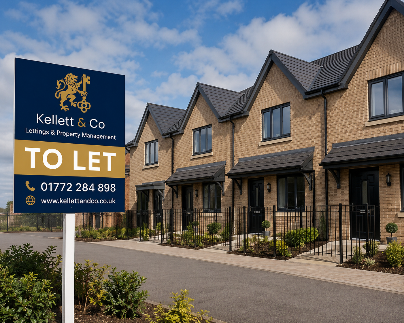 Kellett and Co To Let board outside a row of modern homes